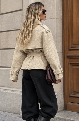 Trencz płaszcz beżowy z paskiem LALILAFashion wełniany