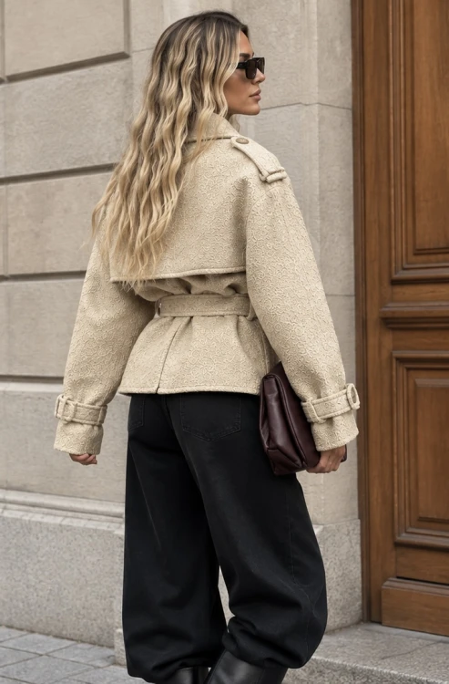 Trencz płaszcz beżowy z paskiem LALILAFashion wełniany