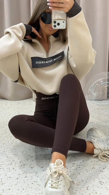 Legginsy MIA MAISON czekoladowe prążkowane z wysokim stanem LALILAFASHION