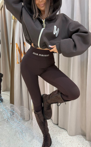 Legginsy MIA MAISON czekoladowe prążkowane z wysokim stanem lalilafashion warszawa