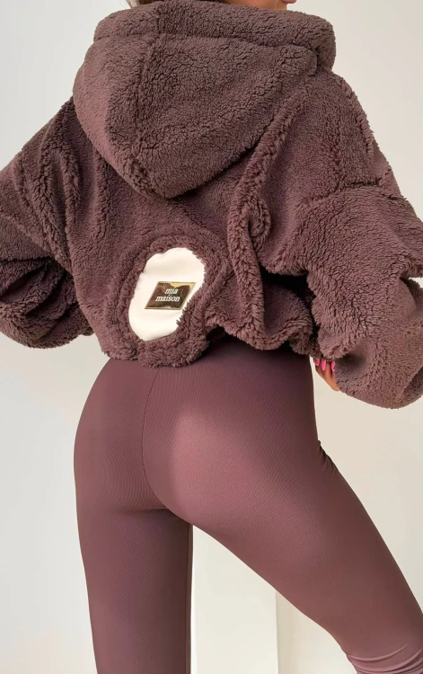 Czekoladowa bluza damska MIA MAISON z kapturem i złotym zamkiem teddy miś lalilafashion