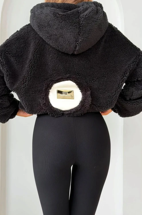 Czarna bluza damska MIA MAISON z kapturem i złotym zamkiem miś teddy polar lalilafashionpl