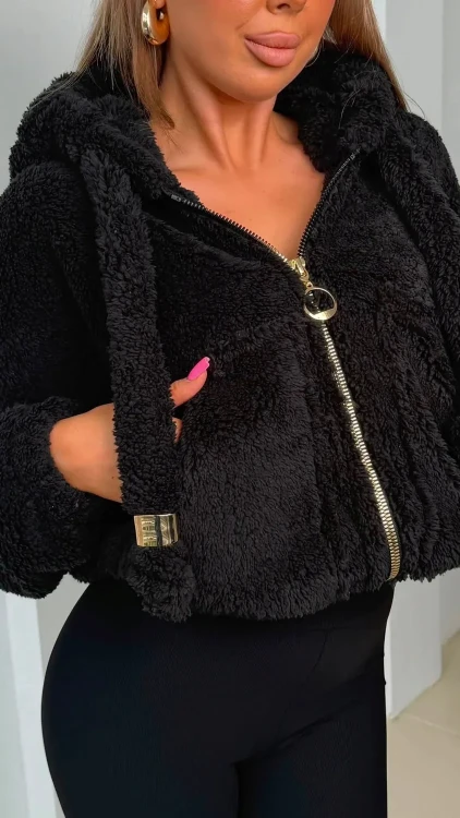 Czarna bluza damska MIA MAISON z kapturem i złotym zamkiem miś teddy polar lalilafashionpl
