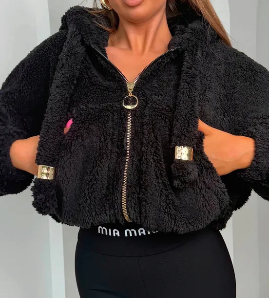 Czarna bluza damska MIA MAISON z kapturem i złotym zamkiem miś teddy polar lalilafashionpl